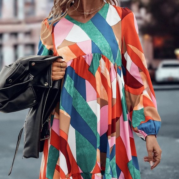 . Dresses & Skirts - Multicolor Boho Womens Geo Print Lantern Sleeve Ruffle Hem Smock Dress